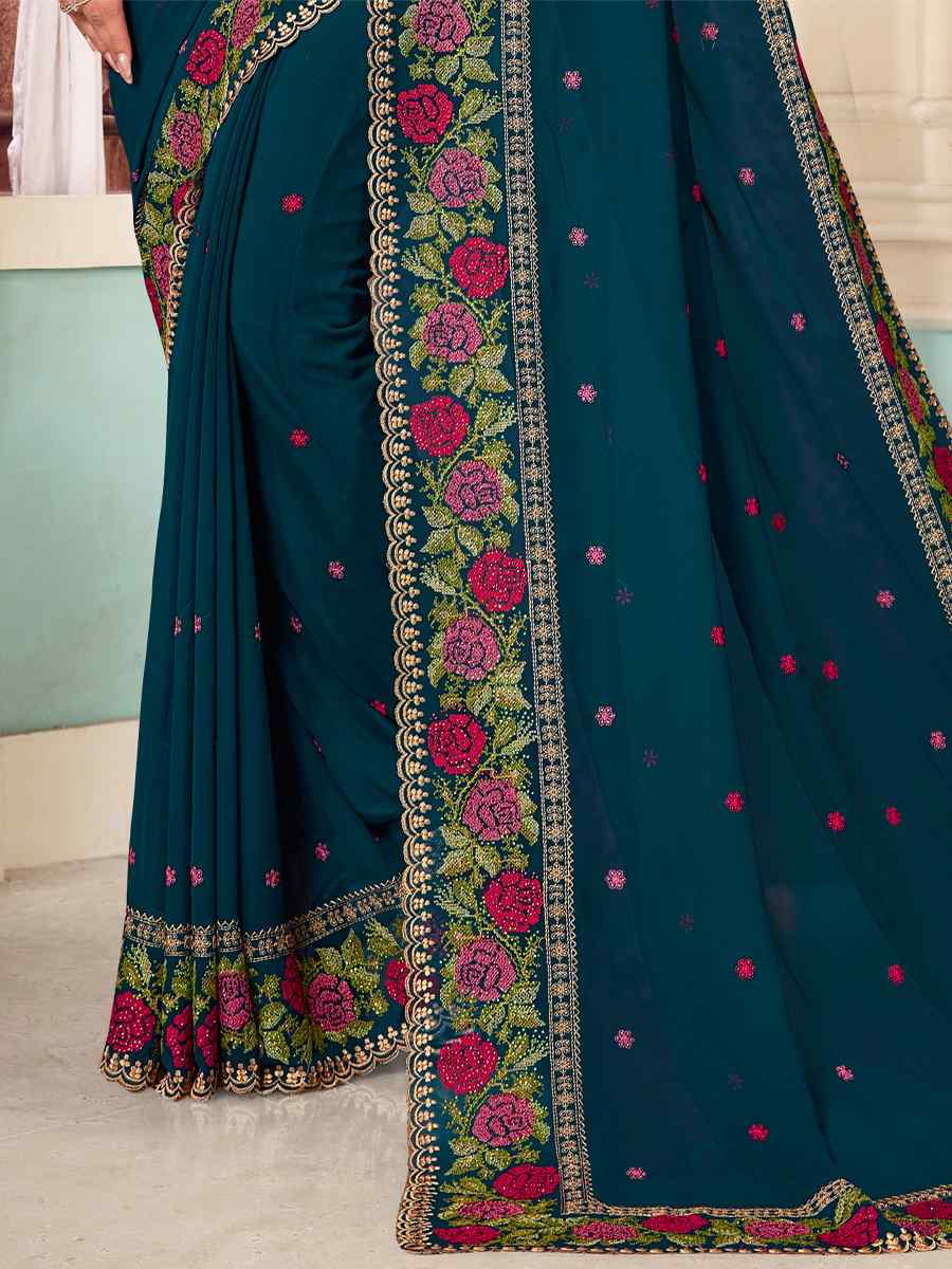 Morpeach Georgette Embroidered Party Festival Heavy Border Saree