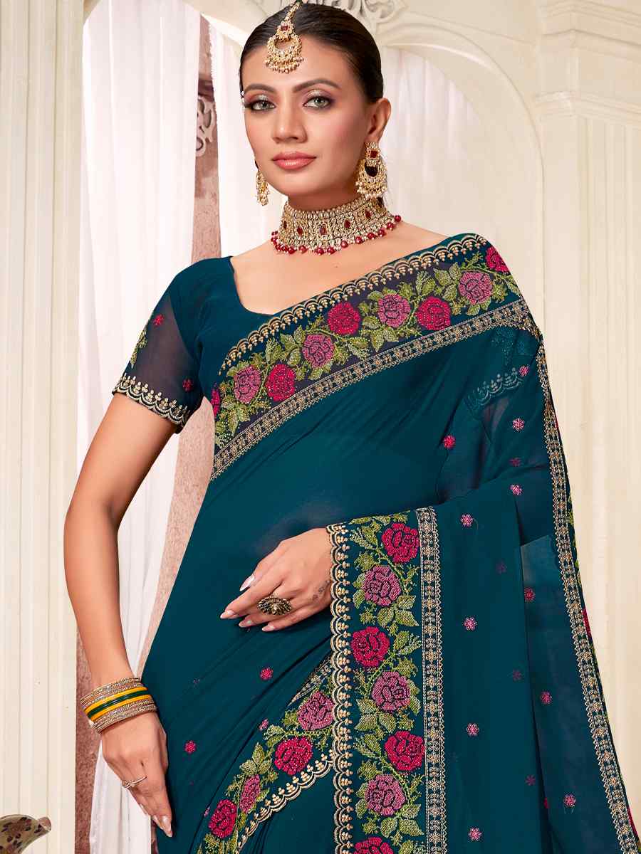 Morpeach Georgette Embroidered Party Festival Heavy Border Saree