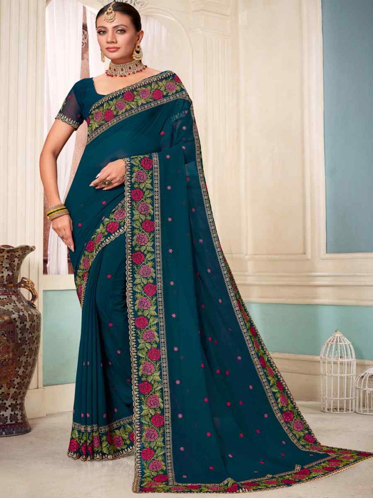 Morpeach Georgette Embroidered Party Festival Heavy Border Saree