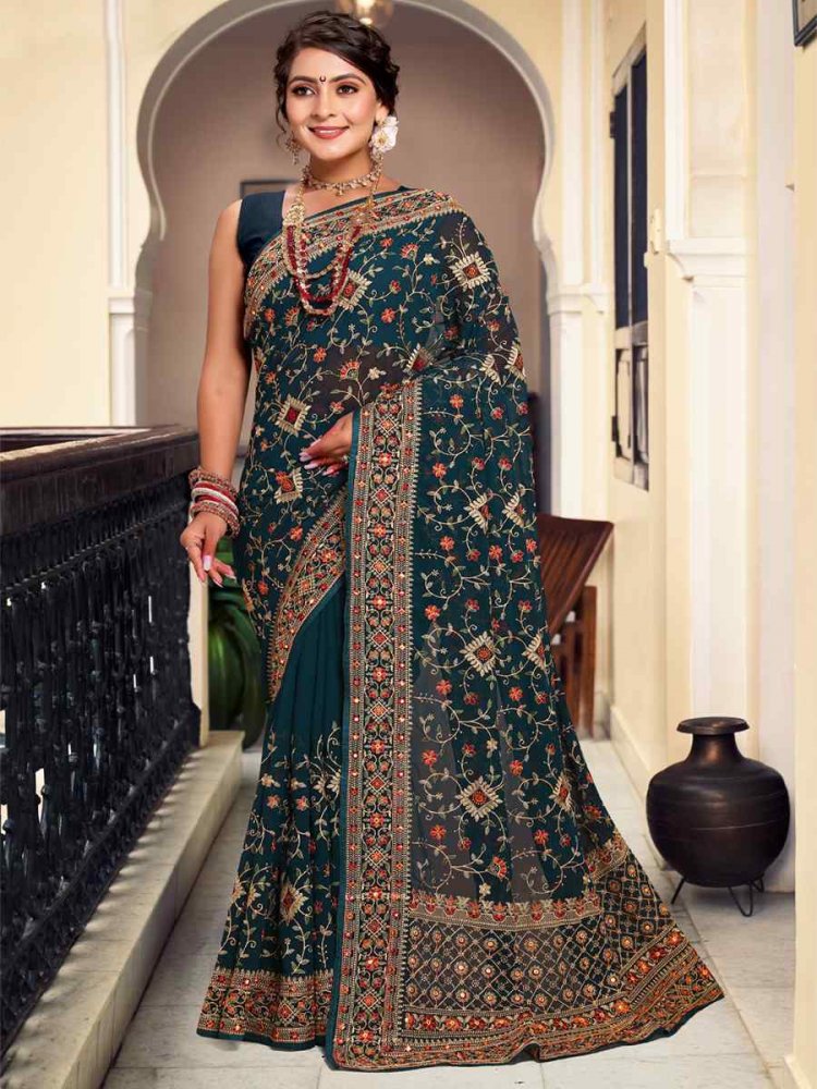 Morpeach Georgette Embroidered Reception Party Heavy Border Saree