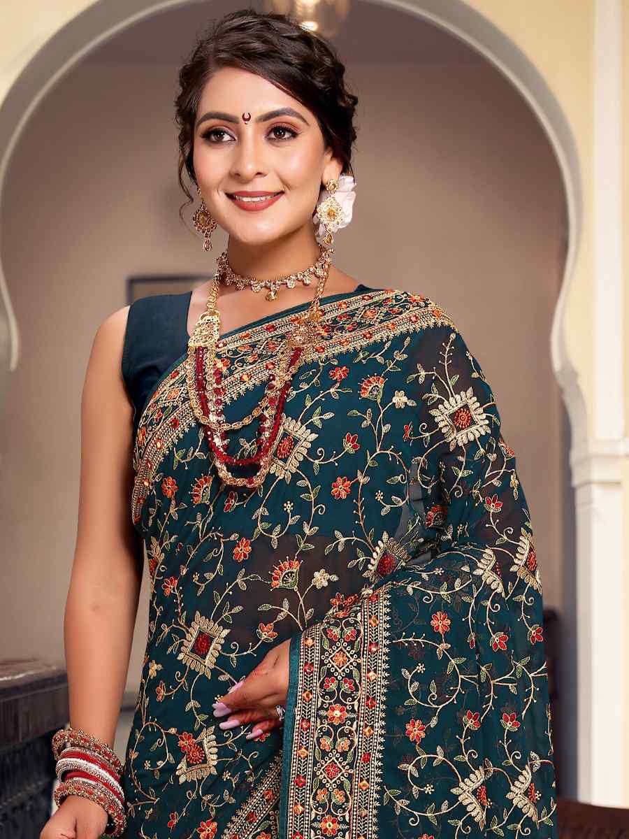Morpeach Georgette Embroidered Reception Party Heavy Border Saree