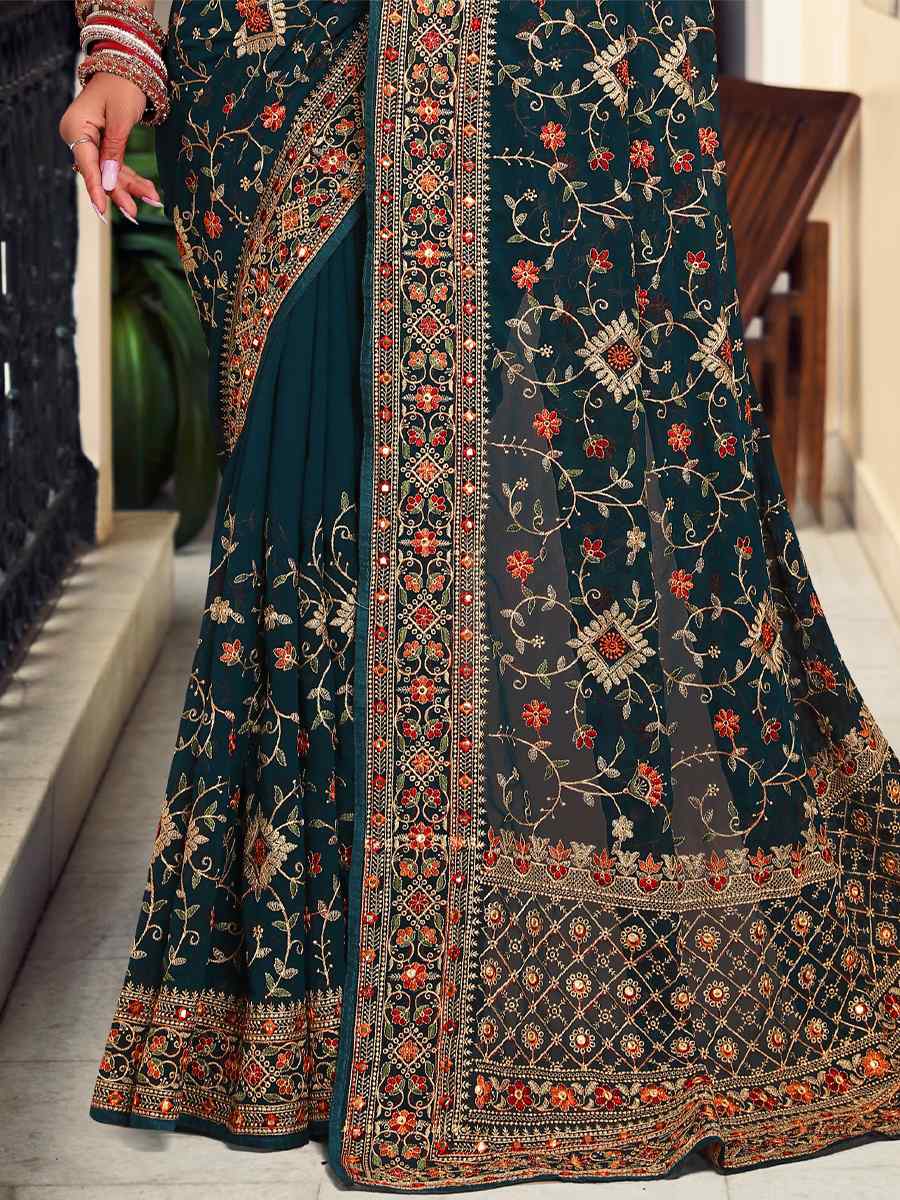 Morpeach Georgette Embroidered Reception Party Heavy Border Saree