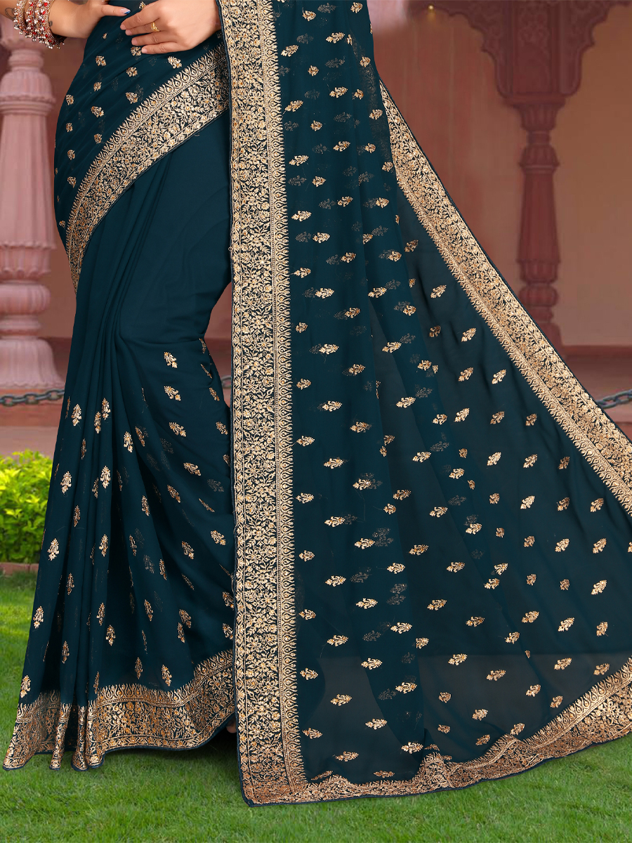 Morpeach Georgette Embroidered Reception Party Heavy Border Saree