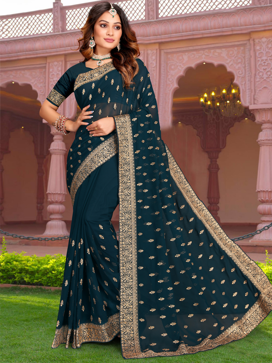 Morpeach Georgette Embroidered Reception Party Heavy Border Saree