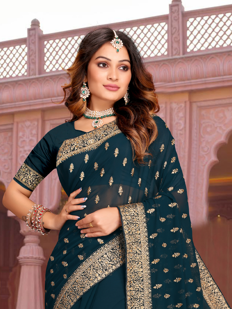 Morpeach Georgette Embroidered Reception Party Heavy Border Saree