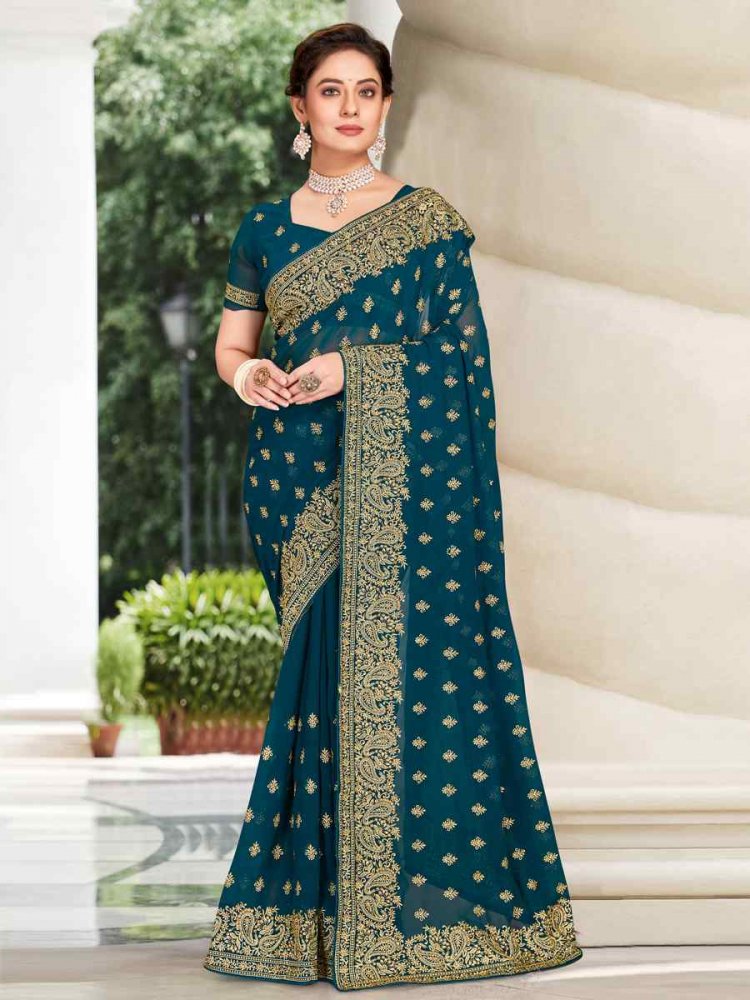 Morpeach Georgette Embroidered Wedding Festival Heavy Border Saree