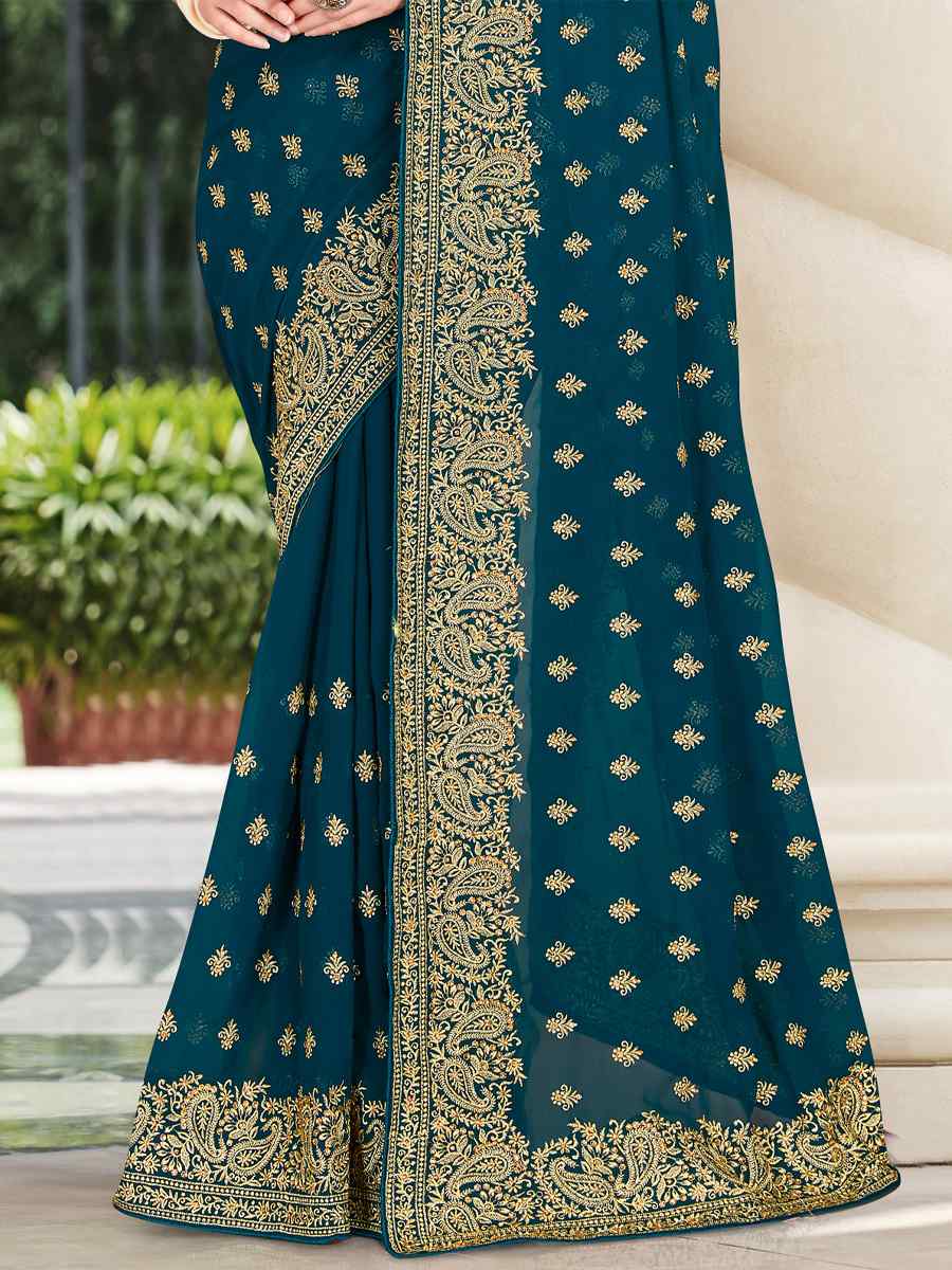 Morpeach Georgette Embroidered Wedding Festival Heavy Border Saree