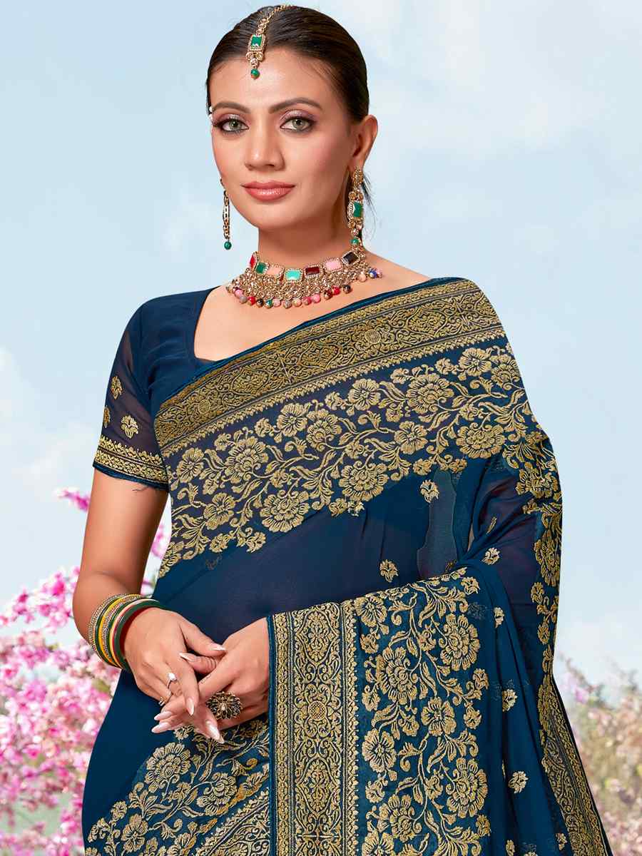 Morpeach Georgette Embroidered Wedding Festival Heavy Border Saree