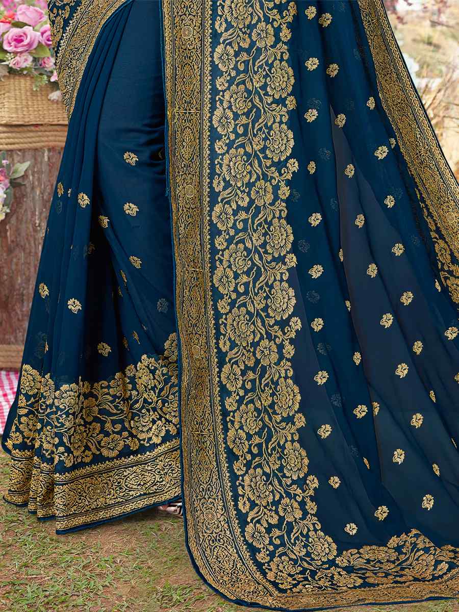 Morpeach Georgette Embroidered Wedding Festival Heavy Border Saree