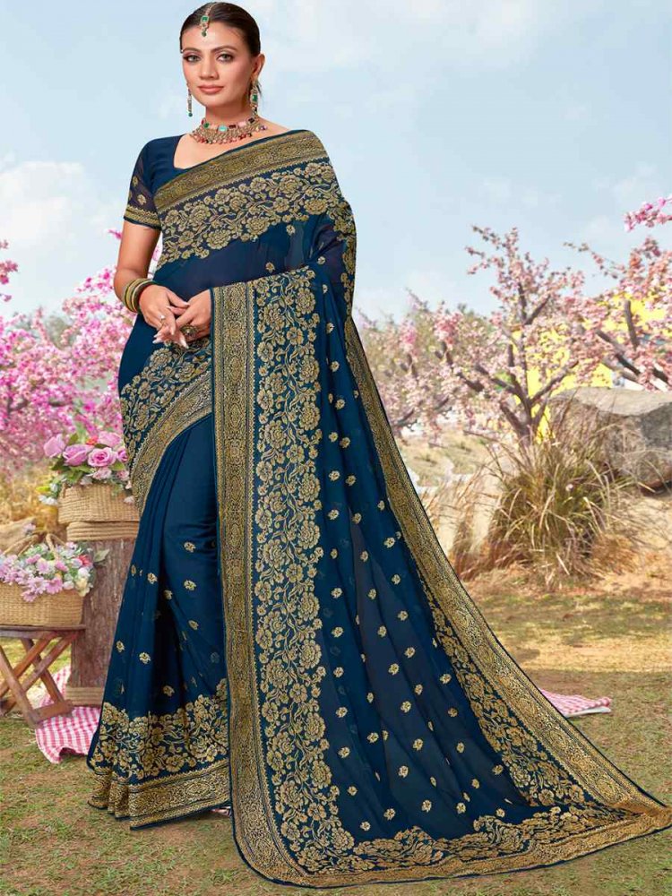 Morpeach Georgette Embroidered Wedding Festival Heavy Border Saree