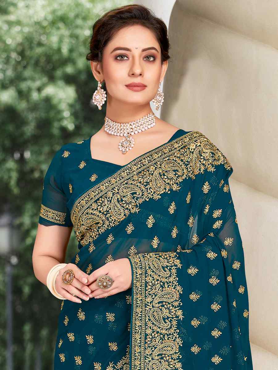Morpeach Georgette Embroidered Wedding Festival Heavy Border Saree