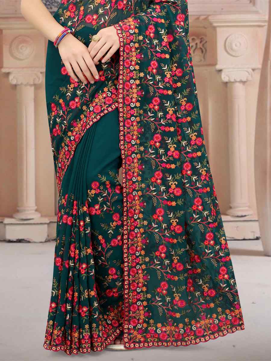Morpeach Georgette Embroidered Wedding Party Georgette Classic Style Saree