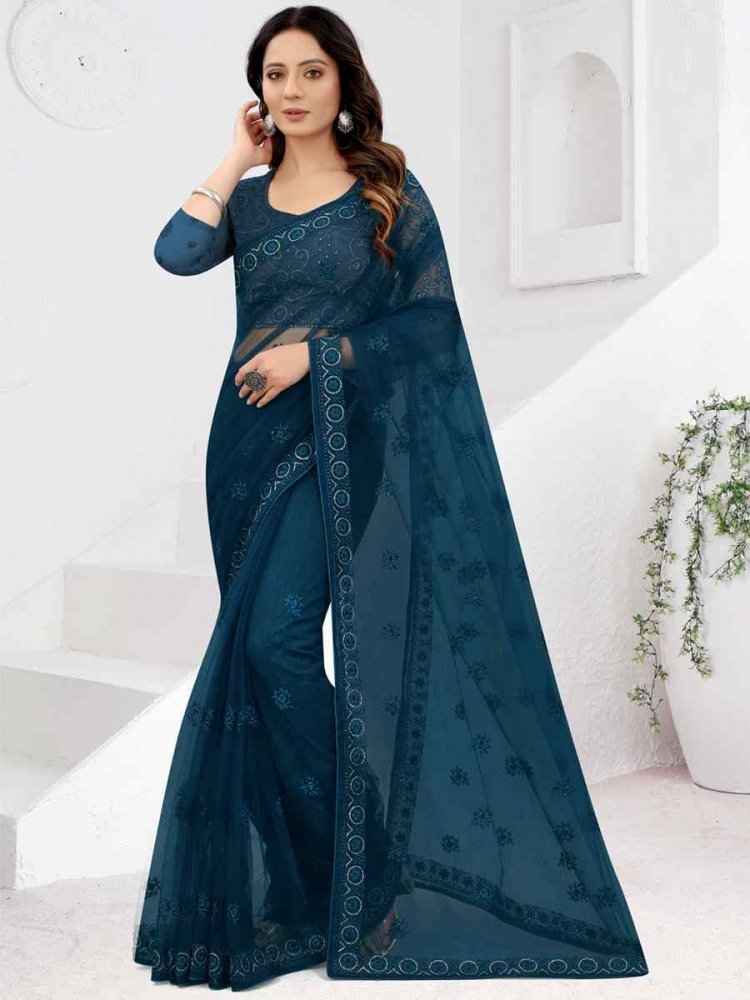 Morpeach Net Embroidered Party Festival Classic Style Saree