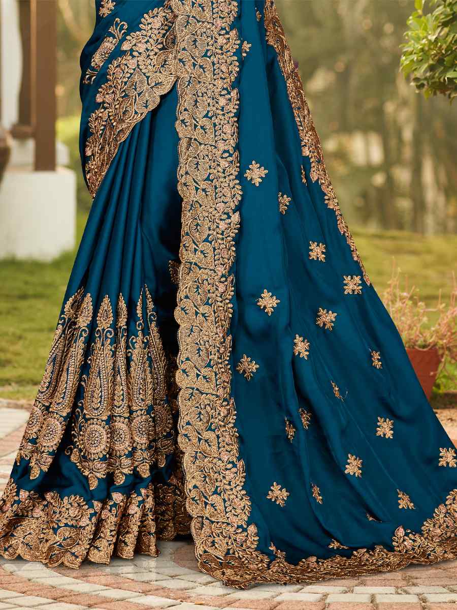Morpeach Pure Satin Embroidered Wedding Festival Heavy Border Saree