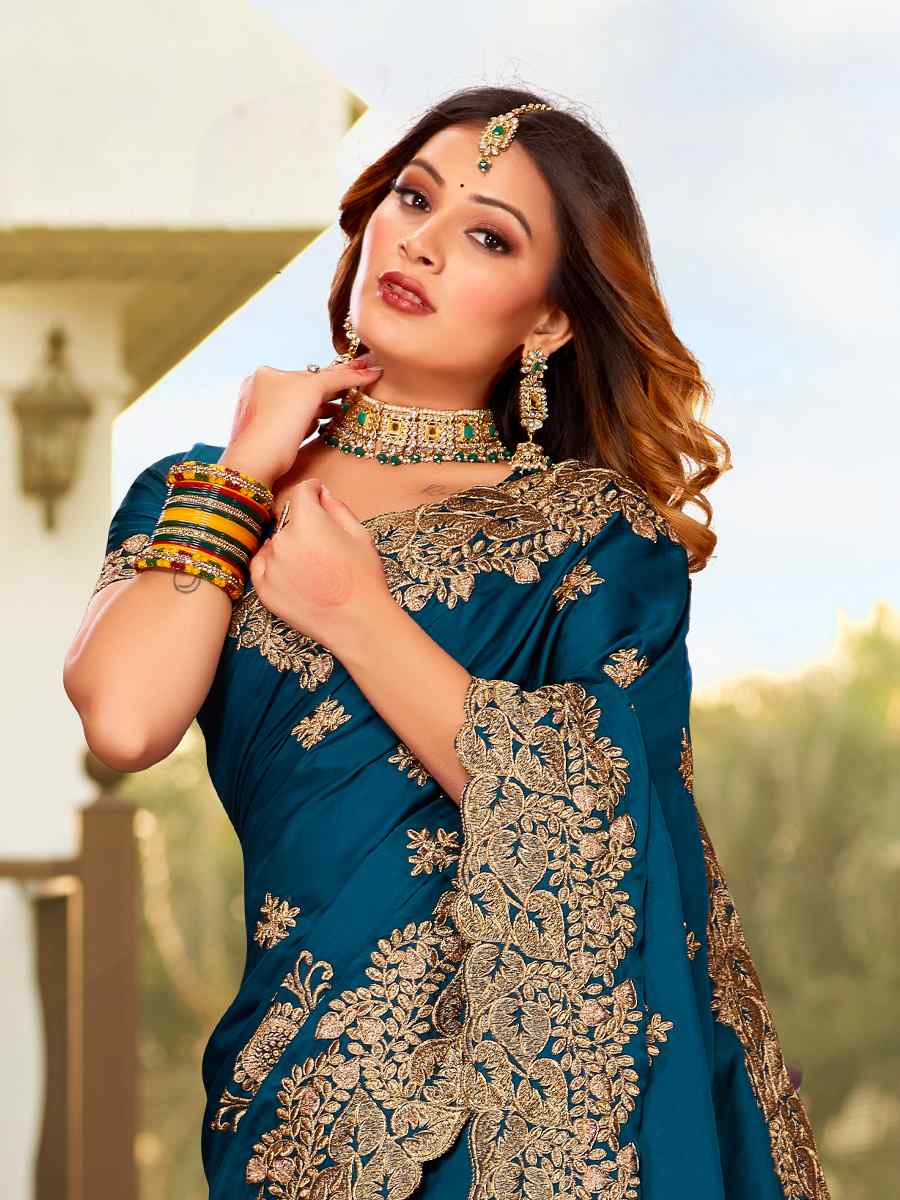 Morpeach Pure Satin Embroidered Wedding Festival Heavy Border Saree