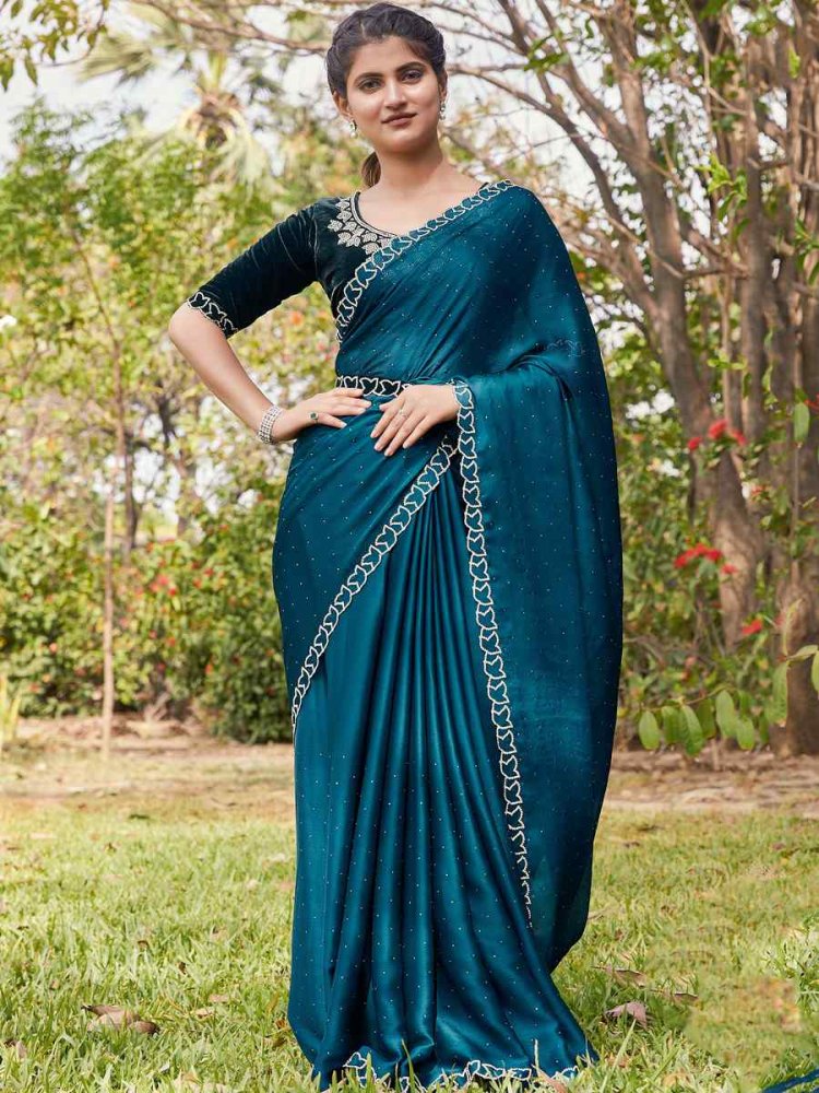 Morpeach Satin Silk Chiffon Embroidered Reception Party Classic Style Saree