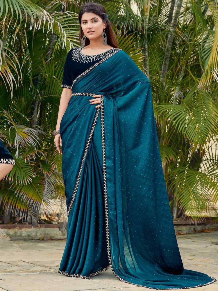 Morpeach Satin Silk Chiffon Embroidered Reception Party Classic Style Saree