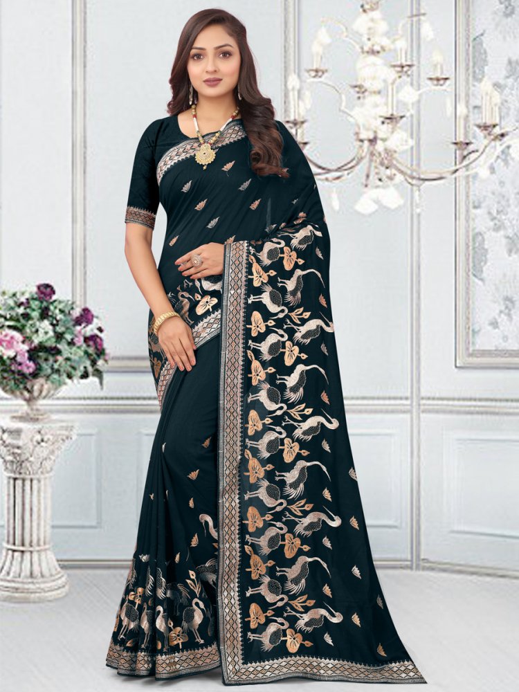 Morpeach Vichitra Blooming Embroidered Wedding Party Heavy Border Saree