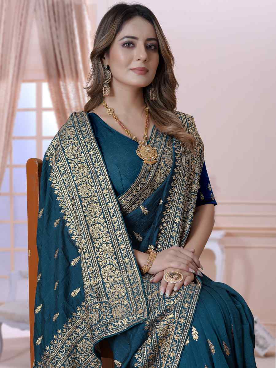 Morpeach Vichitra Blooming Silk Embroidered Wedding Festival Heavy Border Saree