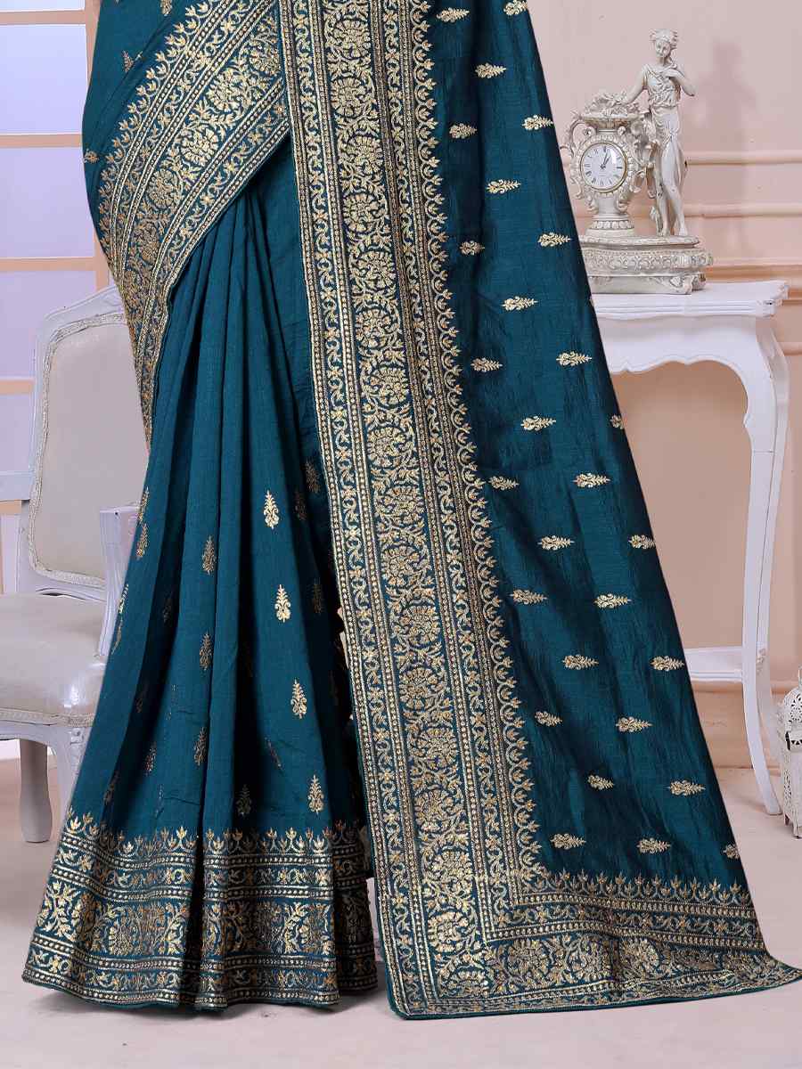 Morpeach Vichitra Blooming Silk Embroidered Wedding Festival Heavy Border Saree