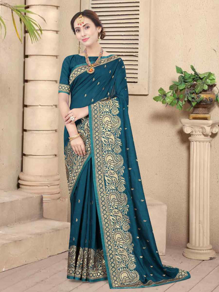 Image of Morpeach Vichitra Silk Handwoven Party Bridal Reception Festival Wedding Fancy Heavy Border Saree