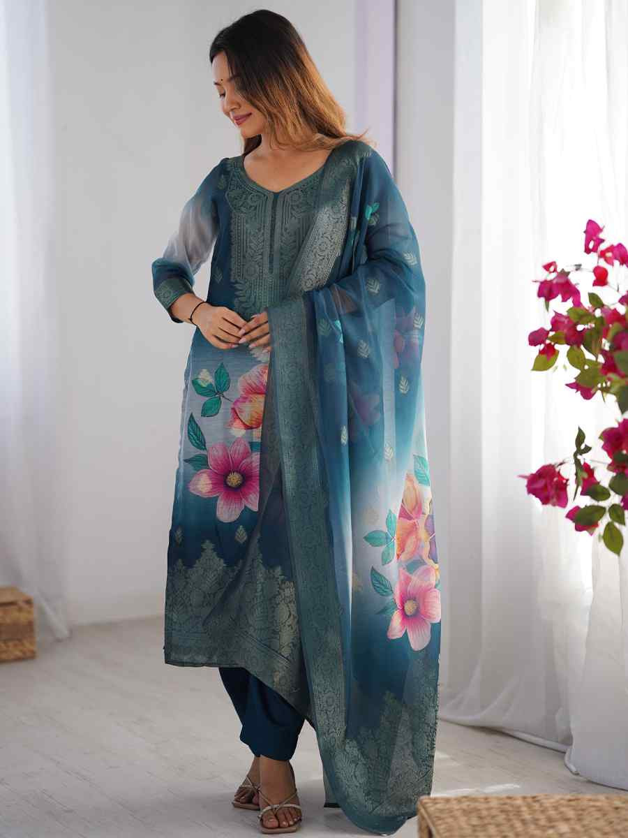 Morpich Blue Chanderi Silk Printed Festival Casual Ready Pant Salwar Kameez