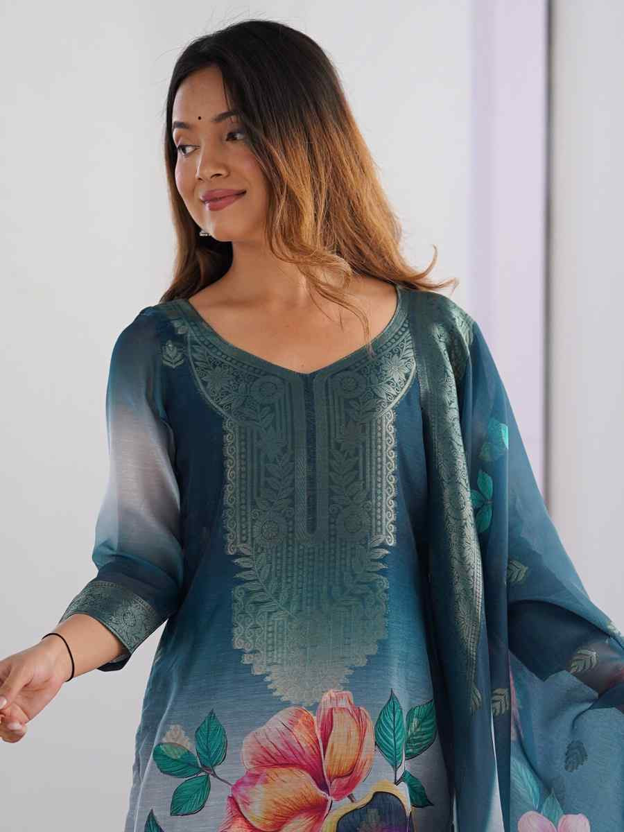 Morpich Blue Chanderi Silk Printed Festival Casual Ready Pant Salwar Kameez
