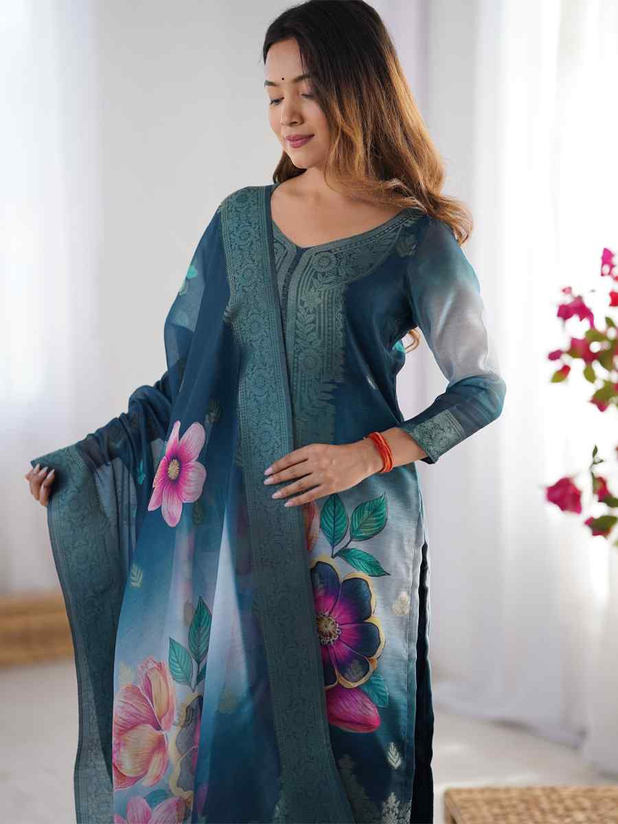 Morpich Blue Chanderi Silk Printed Festival Casual Ready Pant Salwar Kameez