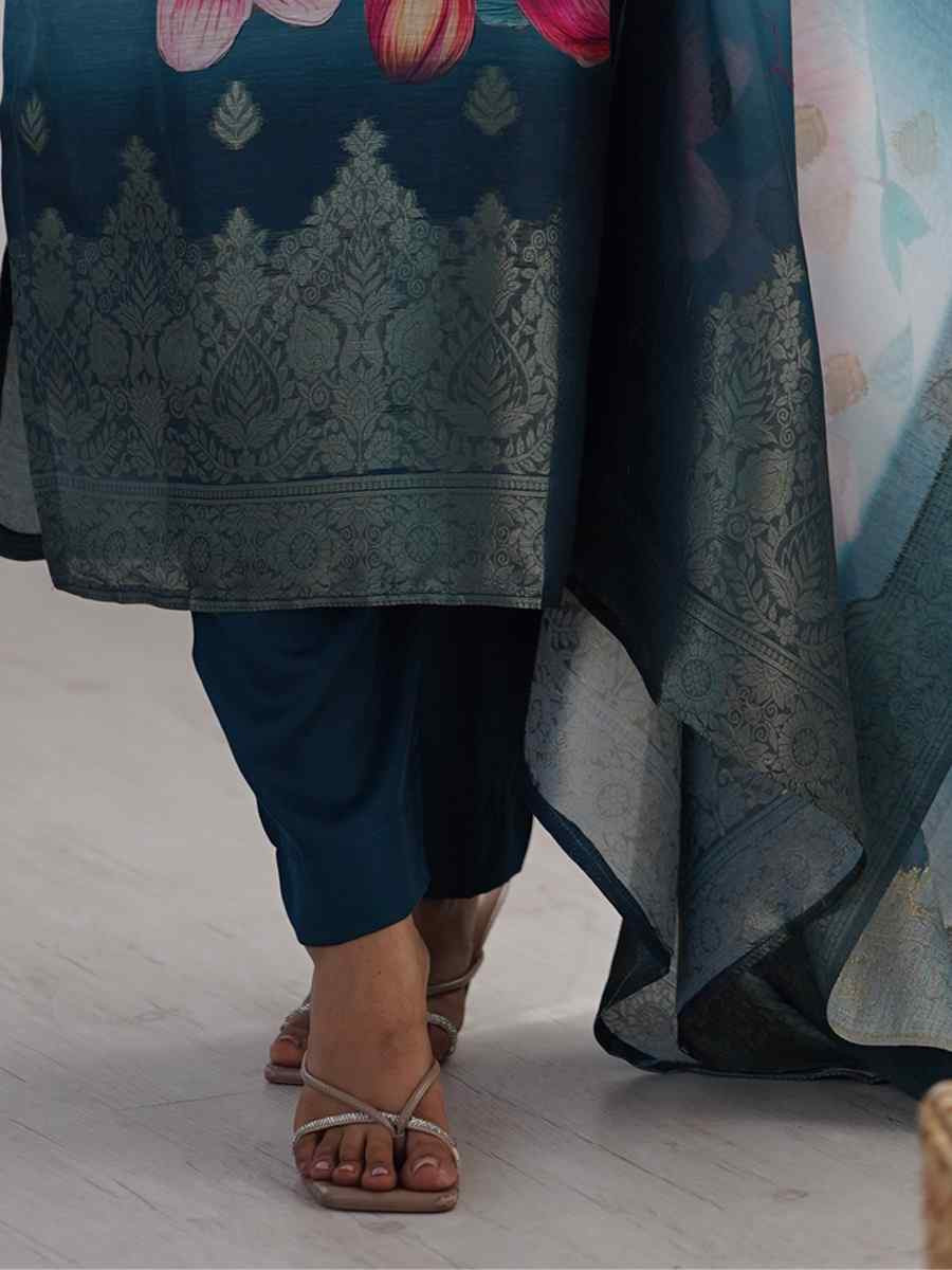 Morpich Blue Chanderi Silk Printed Festival Casual Ready Pant Salwar Kameez