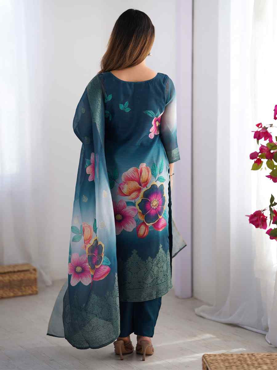 Morpich Blue Chanderi Silk Printed Festival Casual Ready Pant Salwar Kameez