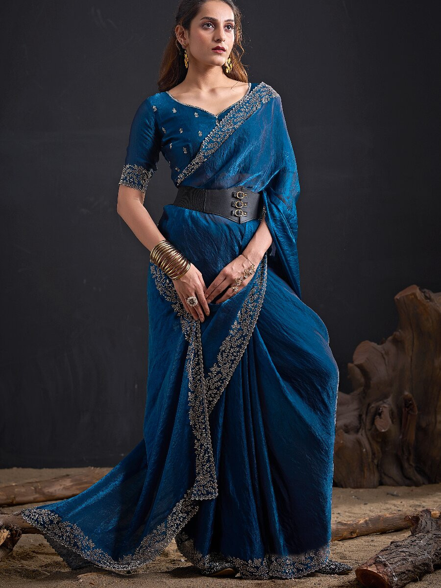 Morpich Fendi Satin Silk Two Tone Embroidery Wedding Reception Party Festival Casual Heavy Border Sarees