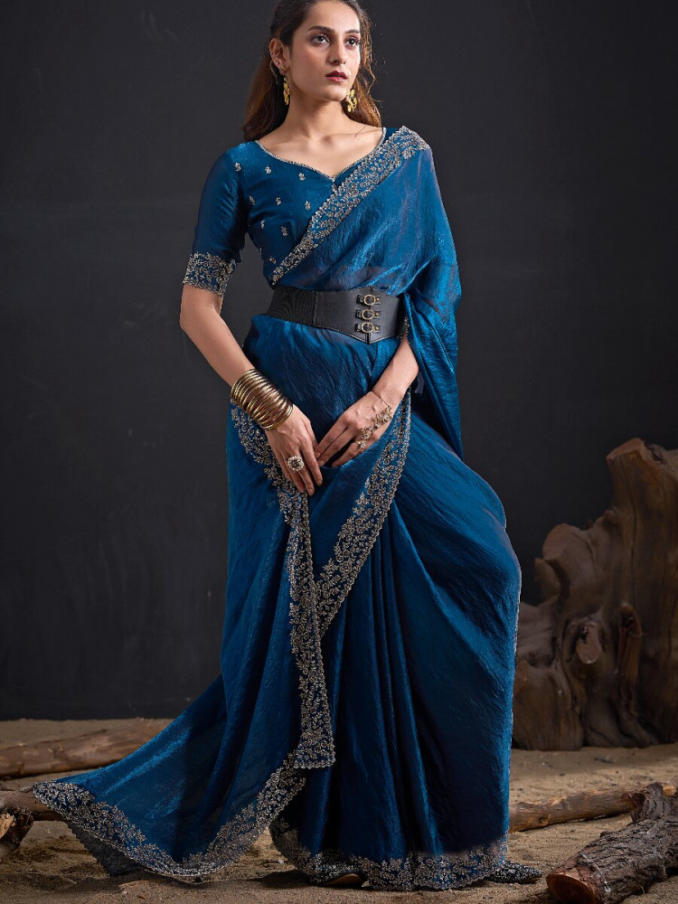 Image of Morpich Fendi Satin Silk Two Tone Embroidery Wedding Reception Party Festival Casual Heavy Border Sarees