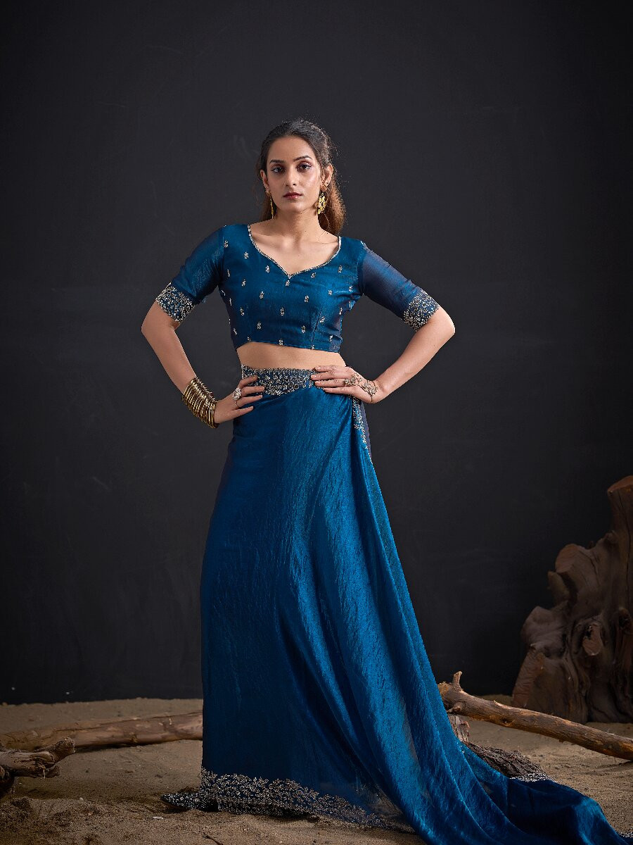 Morpich Fendi Satin Silk Two Tone Embroidery Wedding Reception Party Festival Casual Heavy Border Sarees