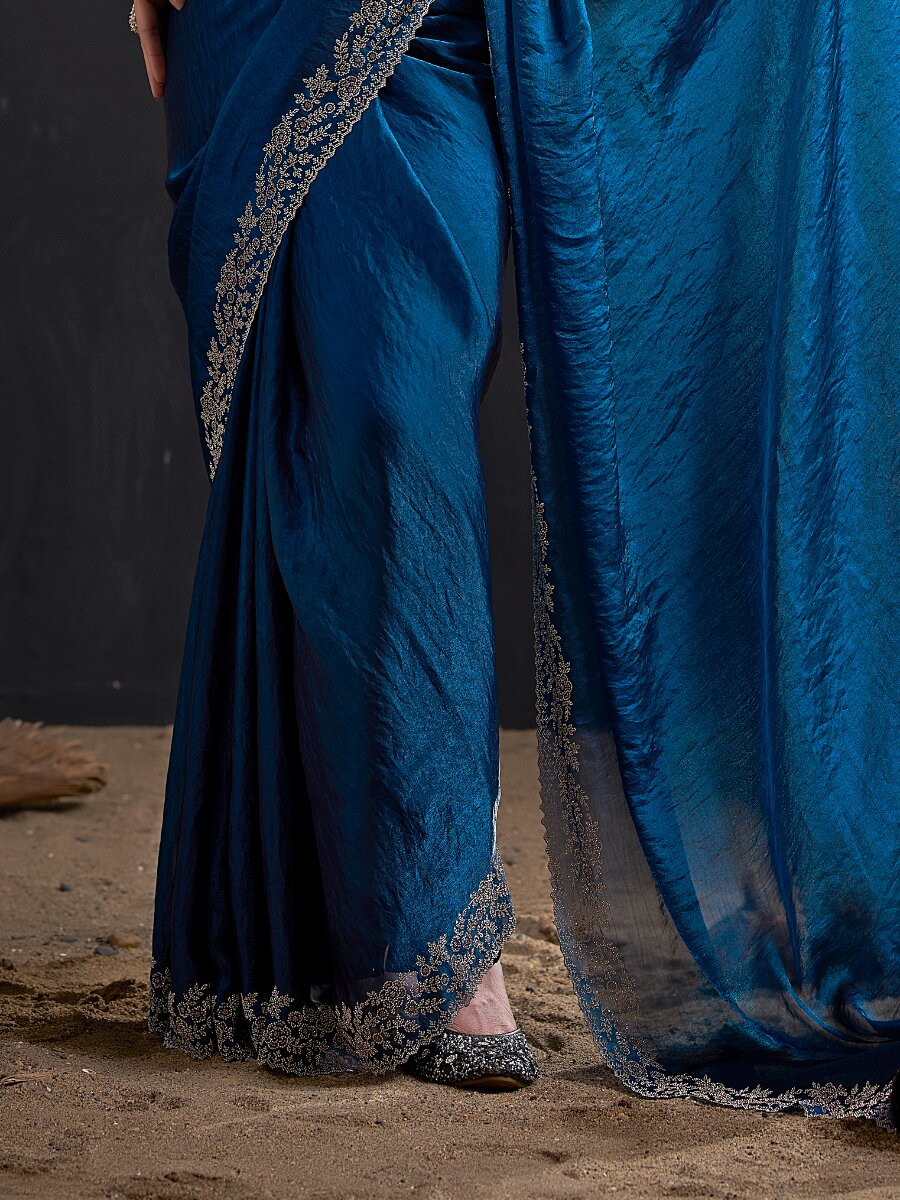 Morpich Fendi Satin Silk Two Tone Embroidery Wedding Reception Party Festival Casual Heavy Border Sarees