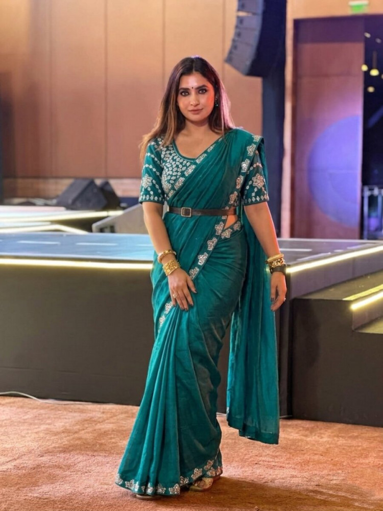 Image of Morpich Fendy Satin Silk Embroidery Zari Sequins Wedding Reception Party Festival Casual Heavy Border Sarees