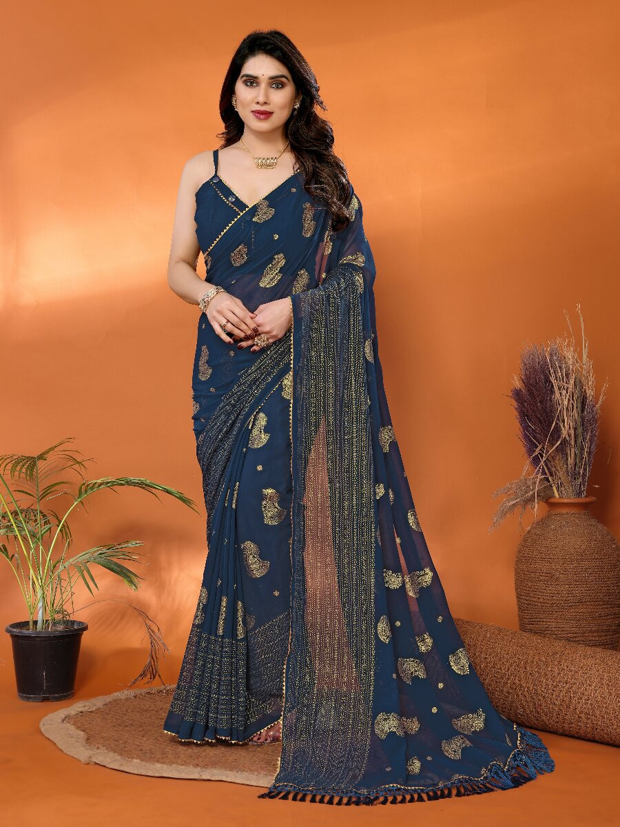 Morpich Georgette Traditional Foil Work Zalar Lace Wedding Reception Party Festival Heavy Border Sarees