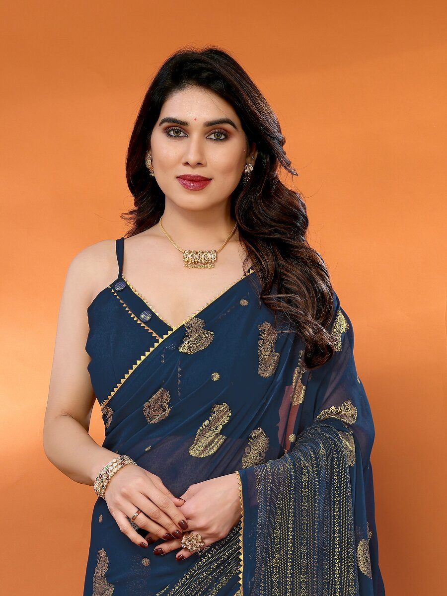 Morpich Georgette Traditional Foil Work Zalar Lace Wedding Reception Party Festival Heavy Border Sarees