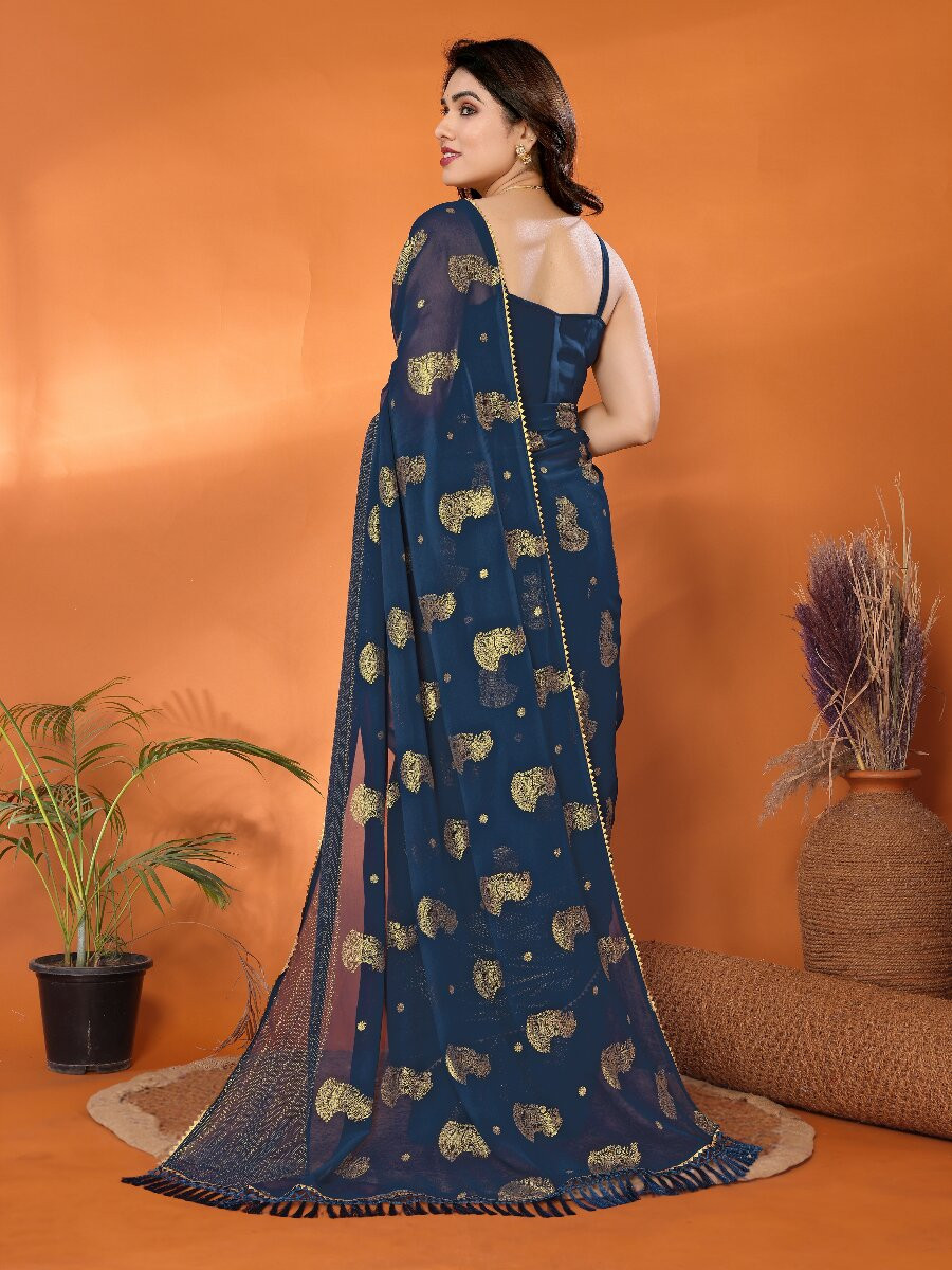 Morpich Georgette Traditional Foil Work Zalar Lace Wedding Reception Party Festival Heavy Border Sarees