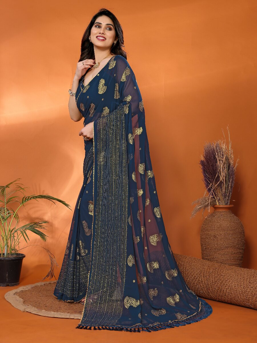Morpich Georgette Traditional Foil Work Zalar Lace Wedding Reception Party Festival Heavy Border Sarees