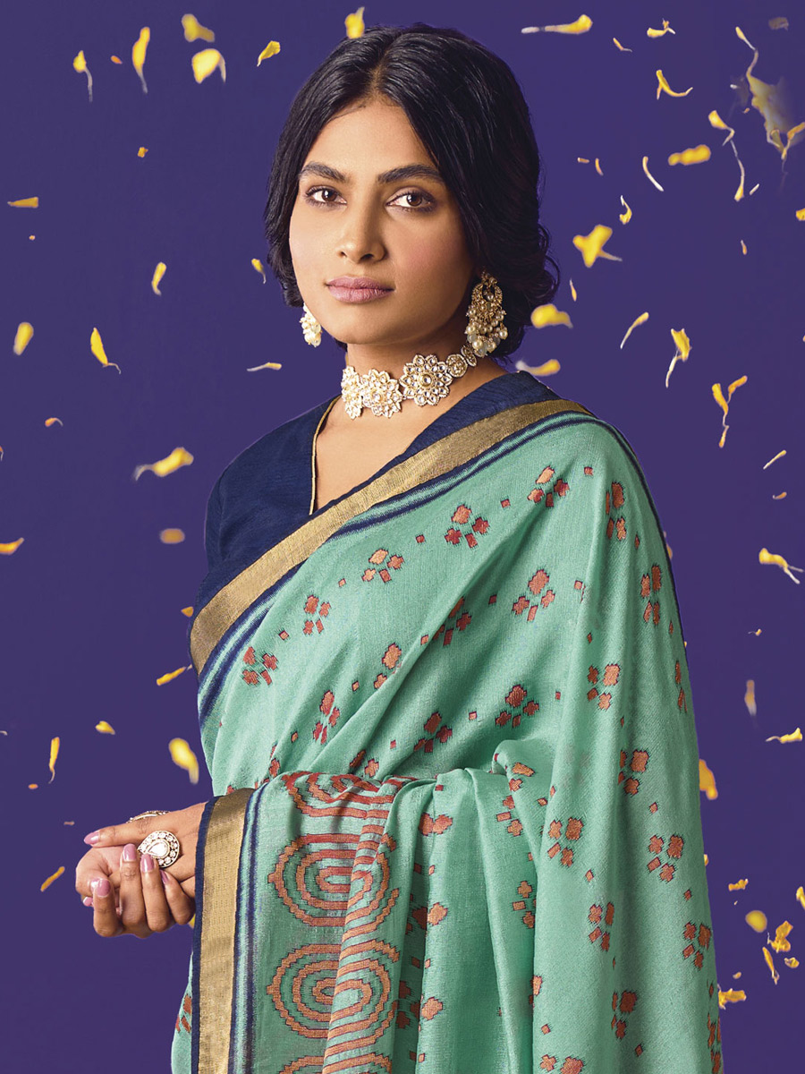 Moss Green Brasso Festival Printed Saree