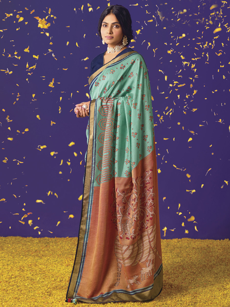 Moss Green Brasso Festival Printed Saree