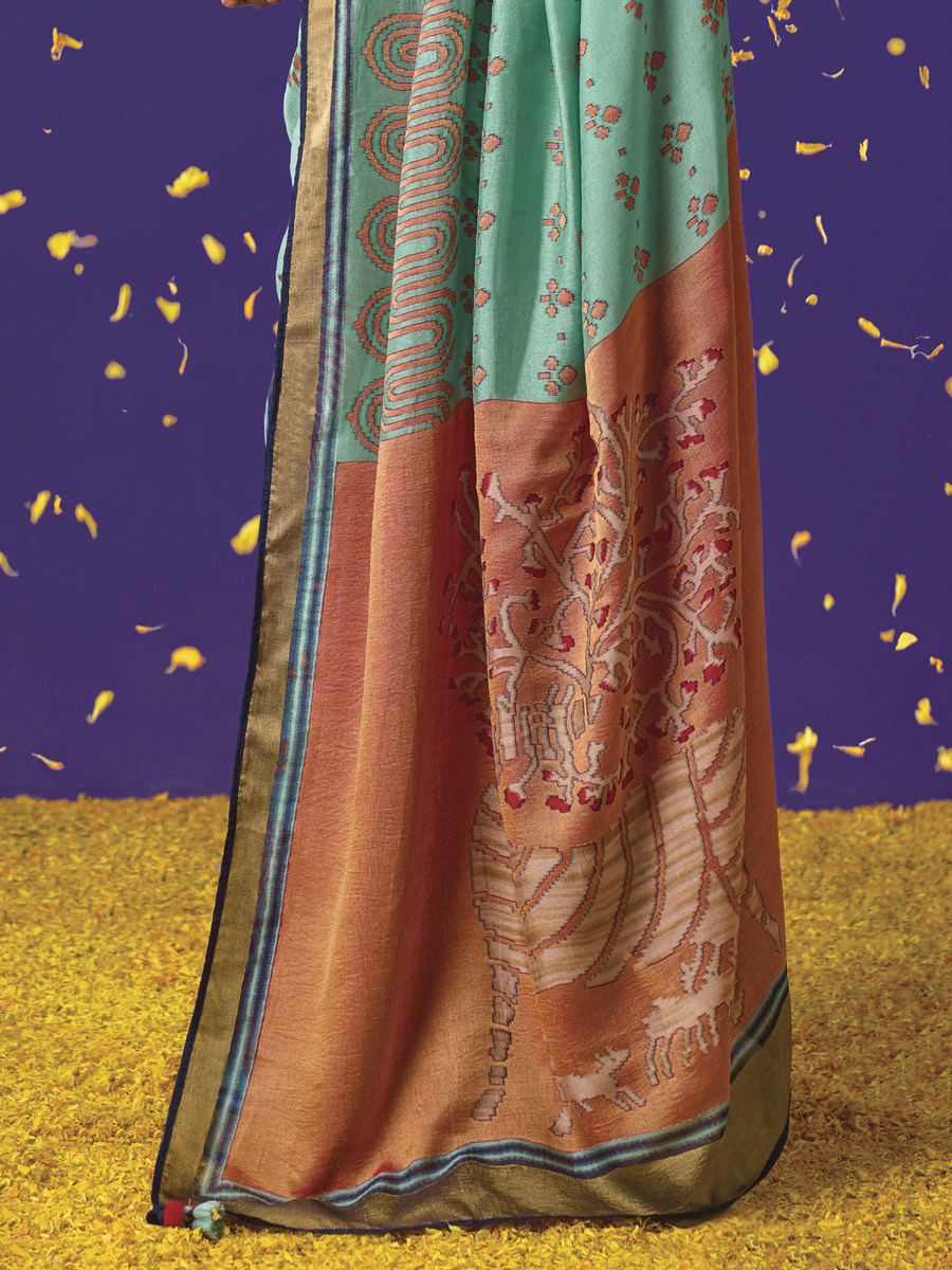 Moss Green Brasso Festival Printed Saree