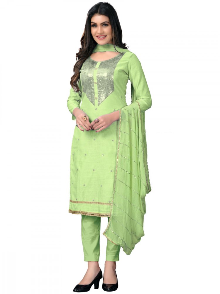 Moss Green Chanderi Cotton Embroidered Festival Churidar Kameez