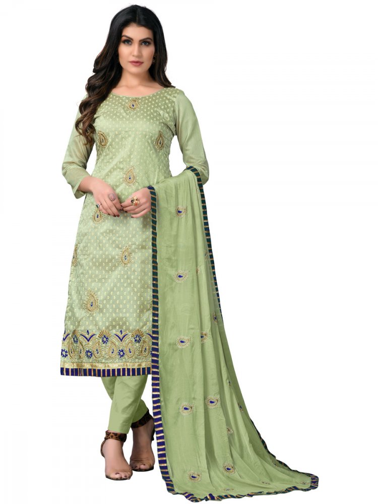 Moss Green Chanderi Cotton Embroidered Festival Churidar Kameez
