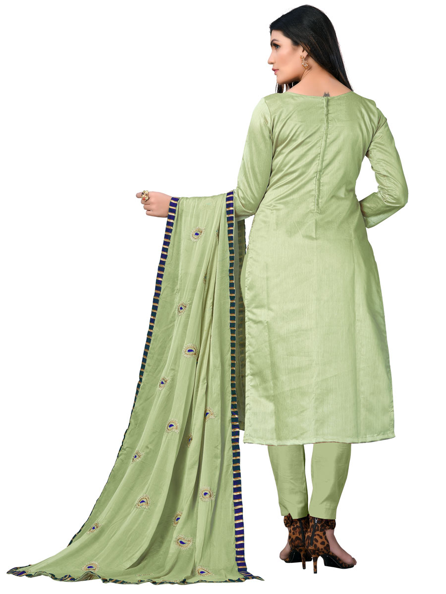 Moss Green Chanderi Cotton Embroidered Festival Churidar Kameez