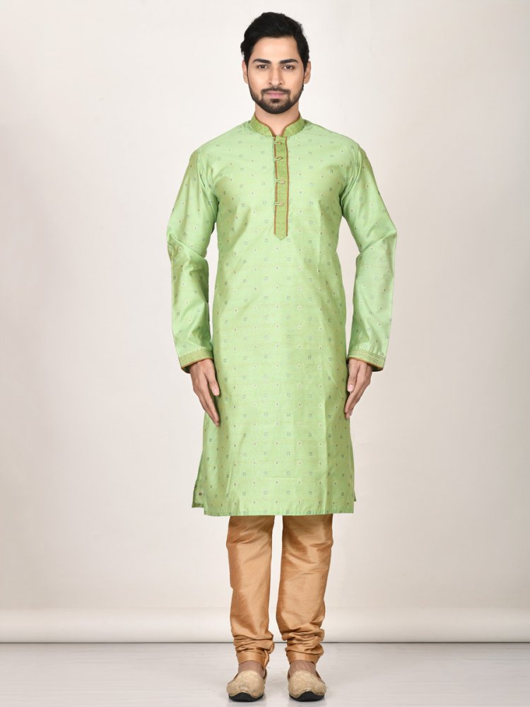 Moss Green Cotton Embroidered Party Kurta