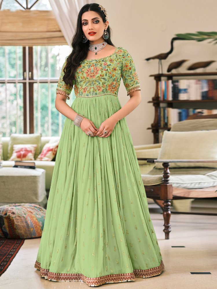 Moss Green Faux Georgette Embroidered Party Lawn Kameez