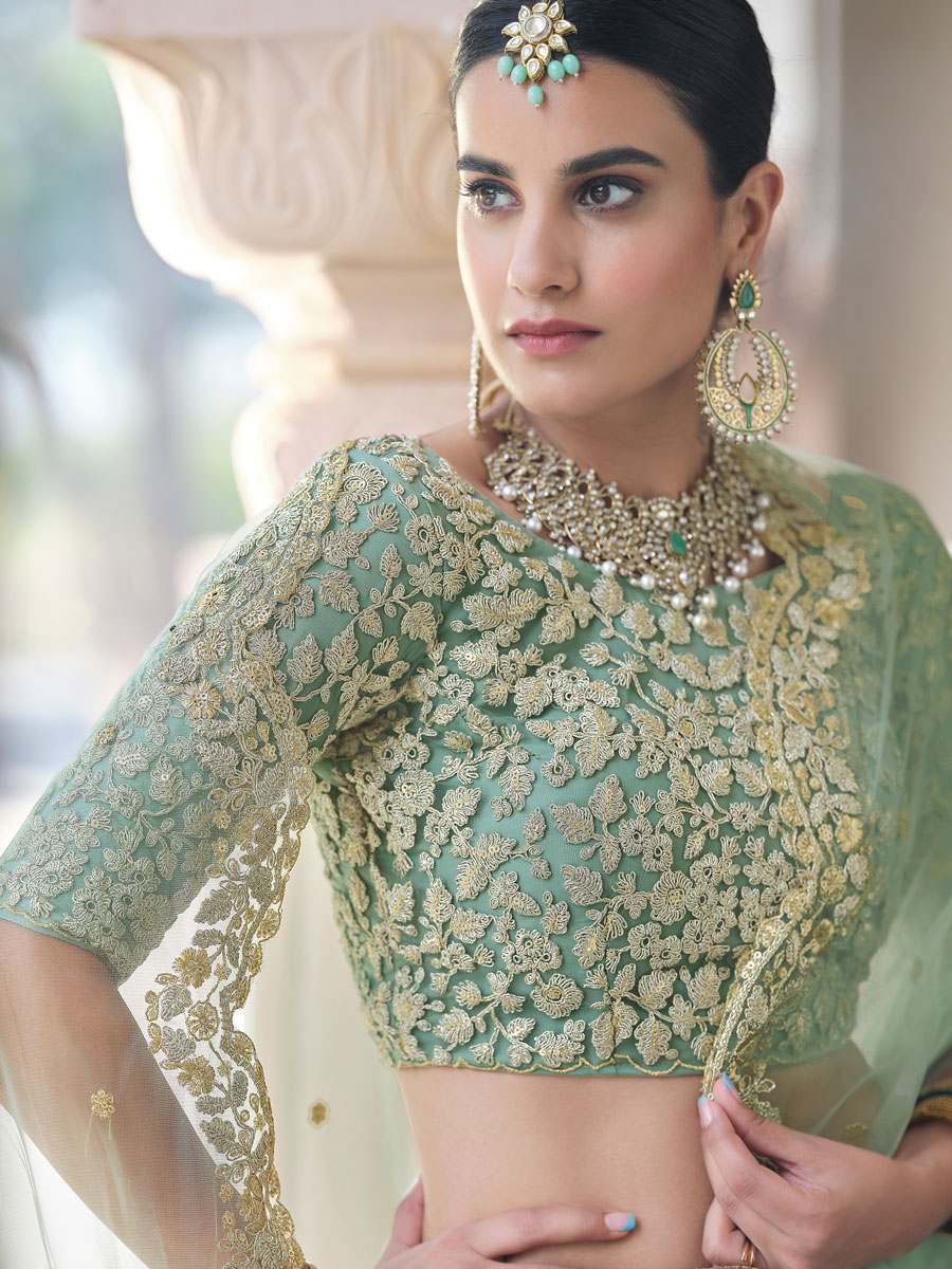 Moss Green Net Embroidered Bridal Lehenga Choli