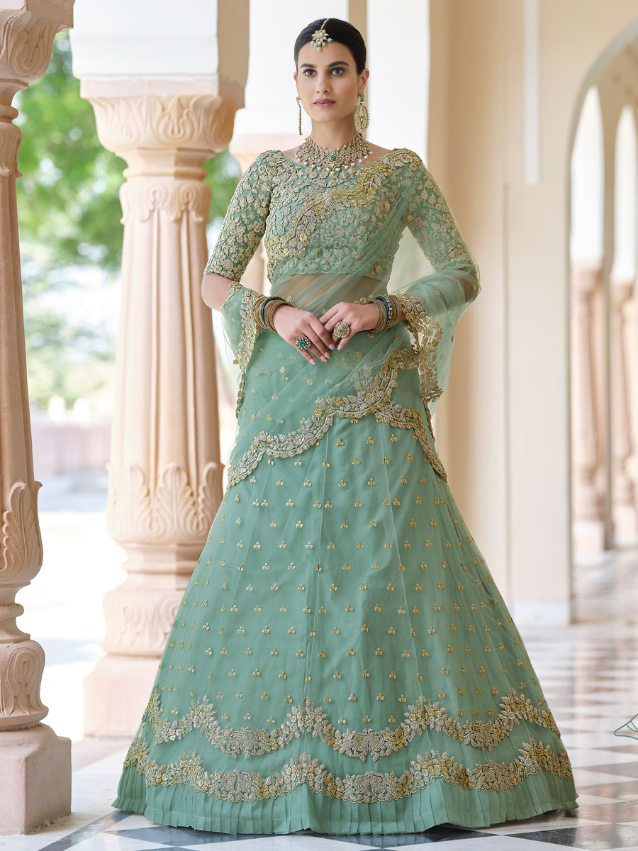 Moss Green Net Embroidered Bridal Lehenga Choli