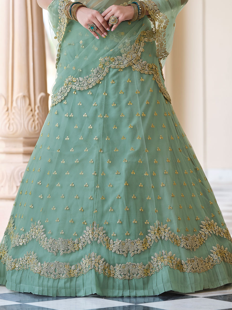 Moss Green Net Embroidered Bridal Lehenga Choli